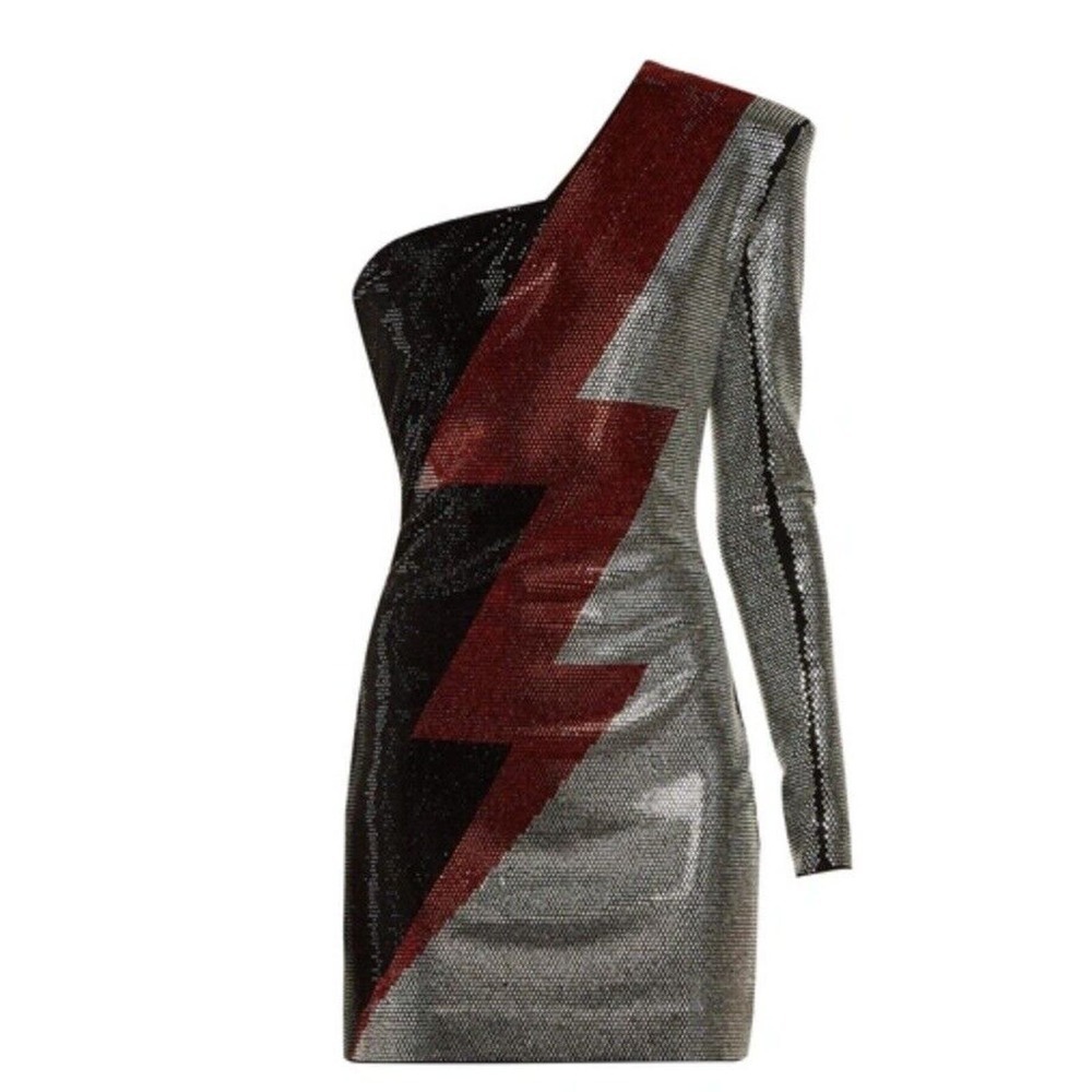 Balmain Dress Crystal Embellished Metallic Asymmetrical Lightning Bolt Sz XS S‌‌